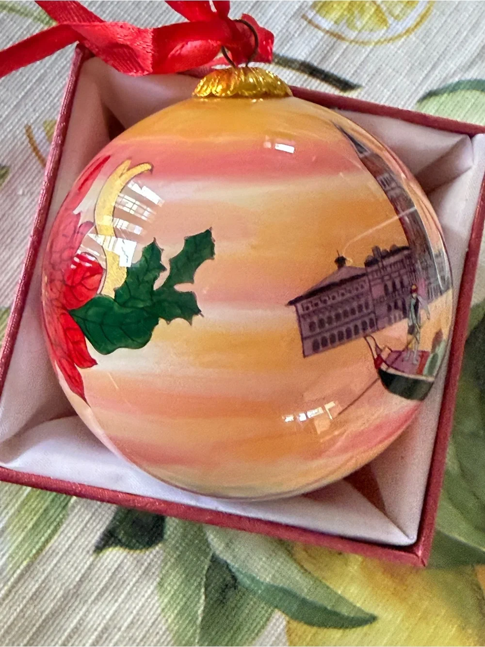 Hand-Painted Venice Gondola Holiday Ornament - Orange Li Bien